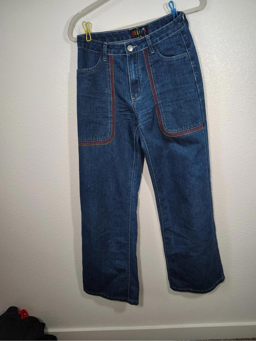 Delia's Rainbow Thread Wide Leg Jeans Small Dolls Kill Dark Wash Hippie Peasant